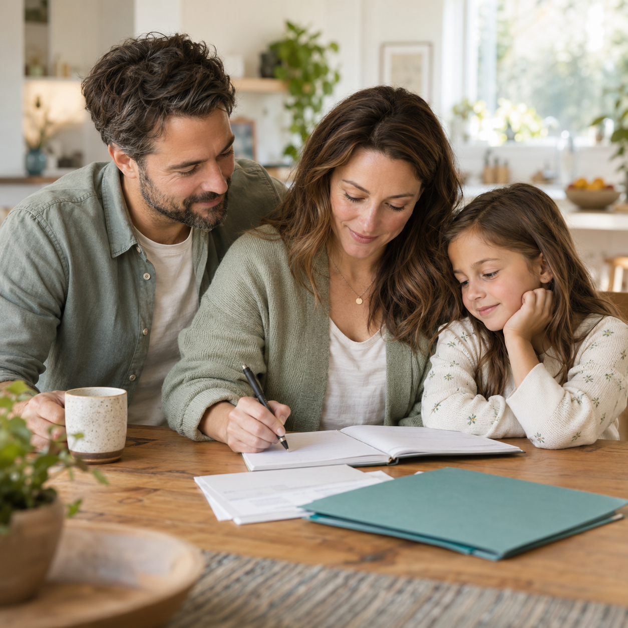 Mother and father organizing papers with their daughter at the kitchen table